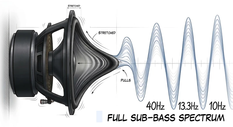 Luidsprekerconus die ver naar buiten wordt getrokken, met daarnaast de golfvormen van 40, 13,3 en 10 hertz uit de subharmonische reeks